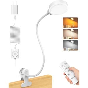 imageGlocusent Brighter Clip on Lamp with Remote EyeCaring Clip on Light for Bed Headboard 3 Color ampamp 5 Brightness Bed Lamp 30Min AutoOff Timer Reading Light with AdapterWhite