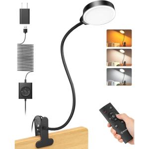 imageGlocusent Brighter Clip on Lamp with Remote EyeCaring Clip on Light for Bed Headboard 3 Color ampamp 5 Brightness Bed Lamp 30Min AutoOff Timer Reading Light with AdapterBlack